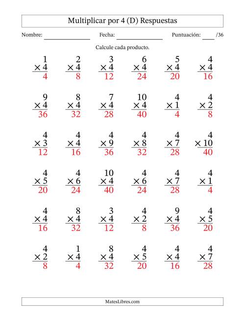 La hoja de ejercicios de Multiplicar (Factores de 1 a 10) por 4 (36 Preguntas) (D) Página 2