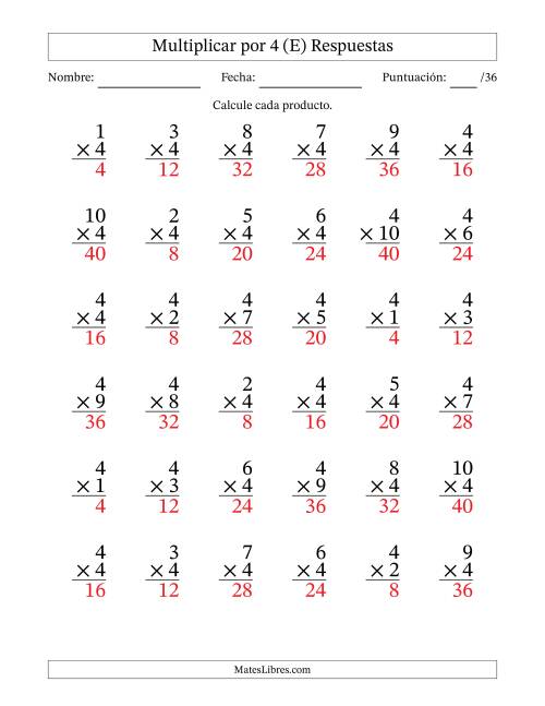 La hoja de ejercicios de Multiplicar (Factores de 1 a 10) por 4 (36 Preguntas) (E) Página 2
