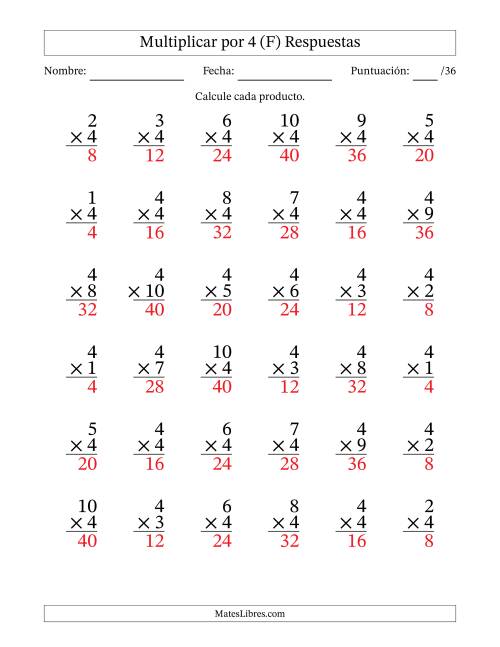 La hoja de ejercicios de Multiplicar (Factores de 1 a 10) por 4 (36 Preguntas) (F) Página 2