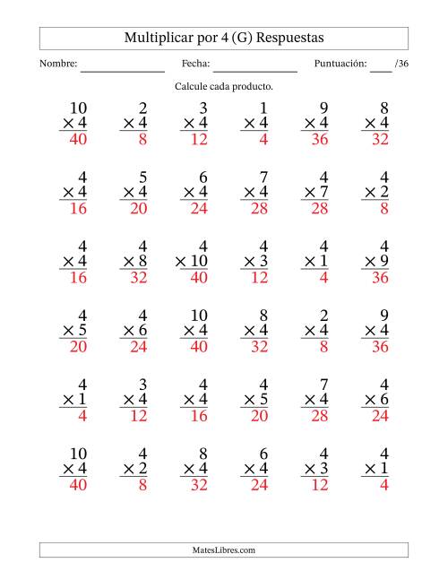 La hoja de ejercicios de Multiplicar (Factores de 1 a 10) por 4 (36 Preguntas) (G) Página 2