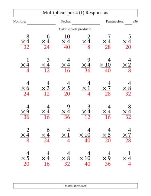 La hoja de ejercicios de Multiplicar (Factores de 1 a 10) por 4 (36 Preguntas) (I) Página 2