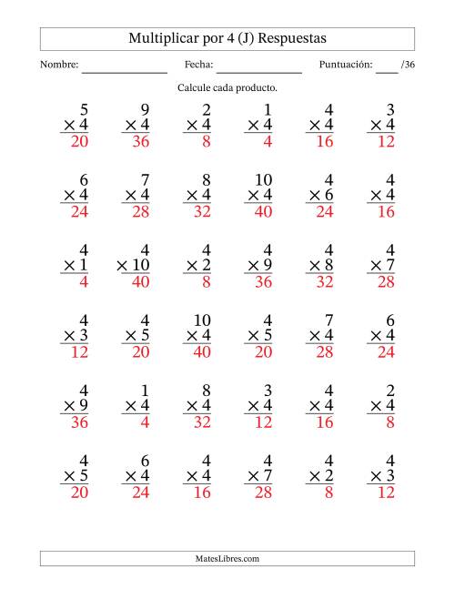 La hoja de ejercicios de Multiplicar (Factores de 1 a 10) por 4 (36 Preguntas) (J) Página 2