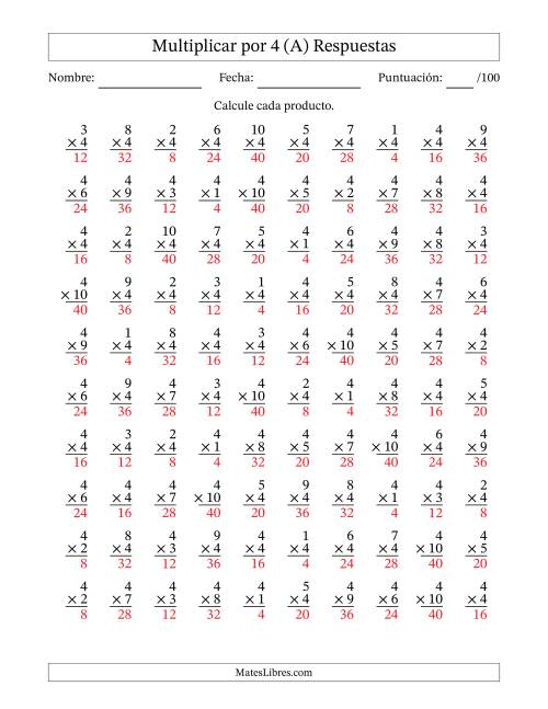 La hoja de ejercicios de Multiplicar (Factores de 1 a 10) por 4 (100 Preguntas) (Todas) Página 2