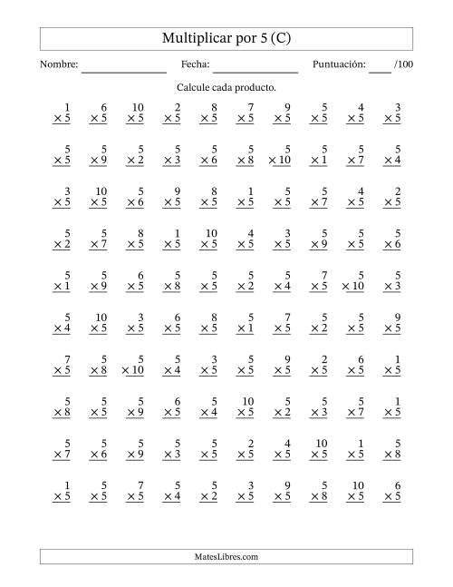 La hoja de ejercicios de Multiplicar (Factores de 1 a 10) por 5 (100 Preguntas) (C)