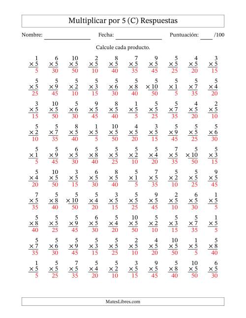 La hoja de ejercicios de Multiplicar (Factores de 1 a 10) por 5 (100 Preguntas) (C) Página 2