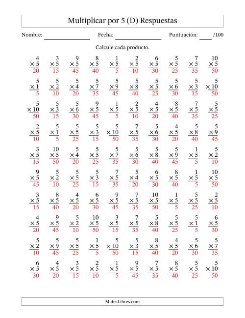 La hoja de ejercicios de Multiplicar (Factores de 1 a 10) por 5 (100 Preguntas) (D) Página 2