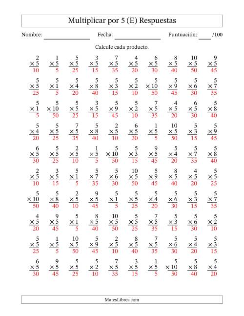 La hoja de ejercicios de Multiplicar (Factores de 1 a 10) por 5 (100 Preguntas) (E) Página 2