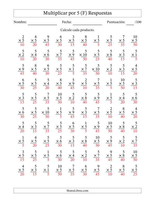 La hoja de ejercicios de Multiplicar (Factores de 1 a 10) por 5 (100 Preguntas) (F) Página 2