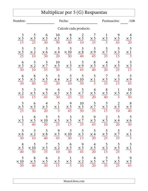 La hoja de ejercicios de Multiplicar (Factores de 1 a 10) por 5 (100 Preguntas) (G) Página 2