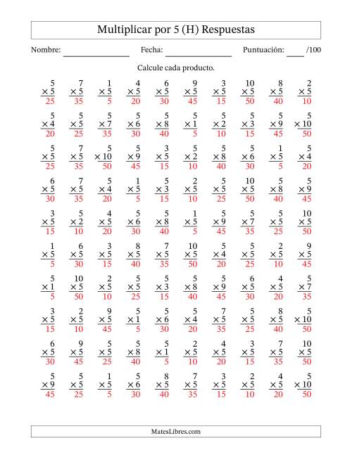 La hoja de ejercicios de Multiplicar (Factores de 1 a 10) por 5 (100 Preguntas) (H) Página 2