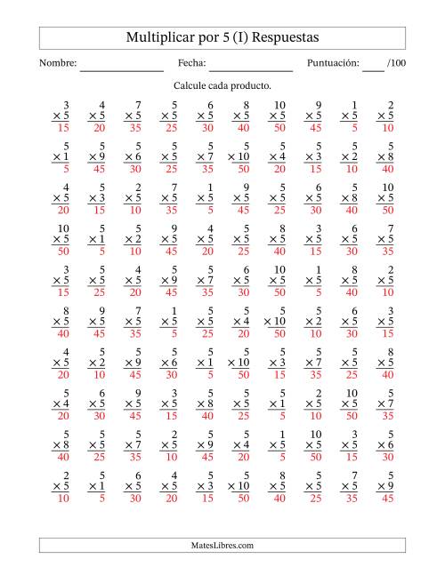 La hoja de ejercicios de Multiplicar (Factores de 1 a 10) por 5 (100 Preguntas) (I) Página 2