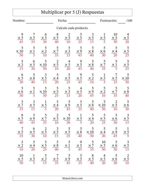 La hoja de ejercicios de Multiplicar (Factores de 1 a 10) por 5 (100 Preguntas) (J) Página 2