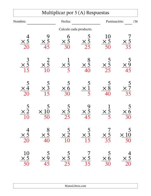 La hoja de ejercicios de Multiplicar (Factores de 1 a 10) por 5 (36 Preguntas) (A) Página 2