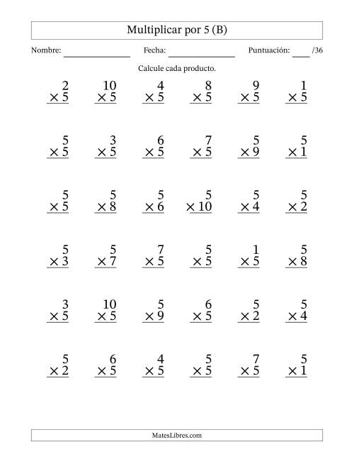 La hoja de ejercicios de Multiplicar (Factores de 1 a 10) por 5 (36 Preguntas) (B)