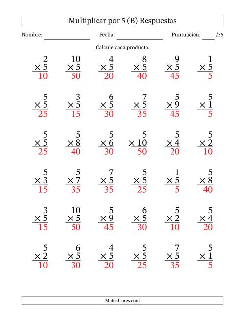 La hoja de ejercicios de Multiplicar (Factores de 1 a 10) por 5 (36 Preguntas) (B) Página 2