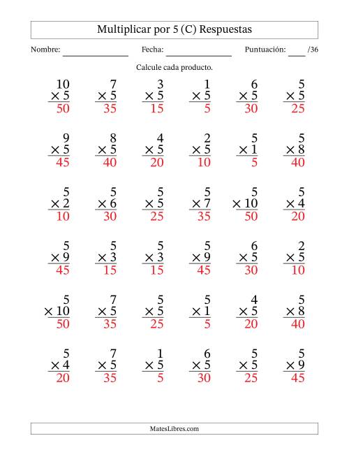 La hoja de ejercicios de Multiplicar (Factores de 1 a 10) por 5 (36 Preguntas) (C) Página 2