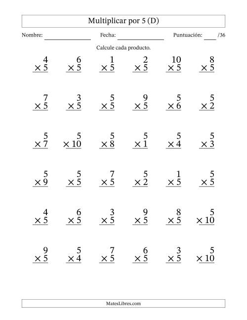 La hoja de ejercicios de Multiplicar (Factores de 1 a 10) por 5 (36 Preguntas) (D)