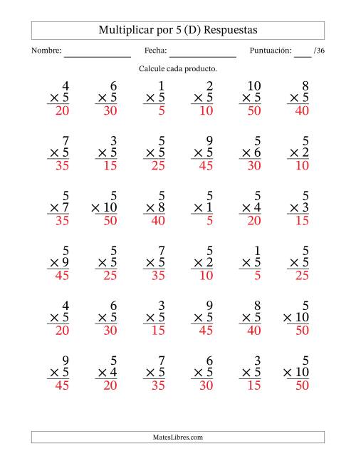 La hoja de ejercicios de Multiplicar (Factores de 1 a 10) por 5 (36 Preguntas) (D) Página 2