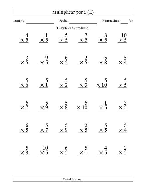 La hoja de ejercicios de Multiplicar (Factores de 1 a 10) por 5 (36 Preguntas) (E)