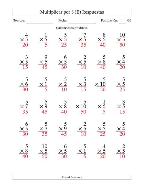 La hoja de ejercicios de Multiplicar (Factores de 1 a 10) por 5 (36 Preguntas) (E) Página 2