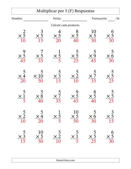 La hoja de ejercicios de Multiplicar (Factores de 1 a 10) por 5 (36 Preguntas) (F) Página 2