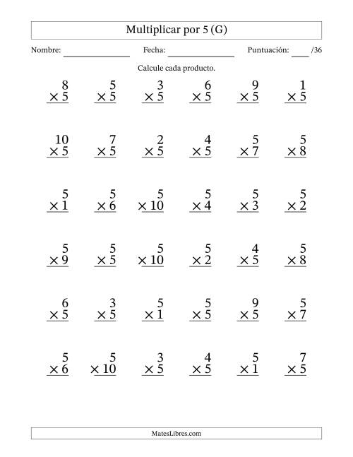 La hoja de ejercicios de Multiplicar (Factores de 1 a 10) por 5 (36 Preguntas) (G)