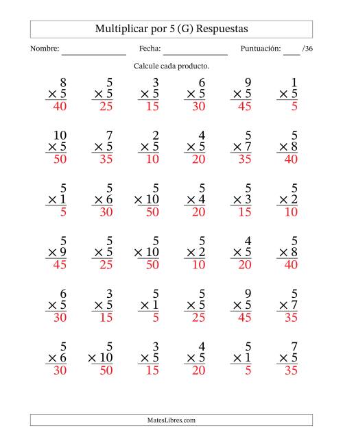 La hoja de ejercicios de Multiplicar (Factores de 1 a 10) por 5 (36 Preguntas) (G) Página 2