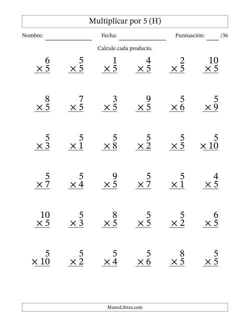 La hoja de ejercicios de Multiplicar (Factores de 1 a 10) por 5 (36 Preguntas) (H)
