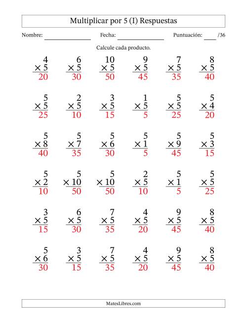 La hoja de ejercicios de Multiplicar (Factores de 1 a 10) por 5 (36 Preguntas) (I) Página 2