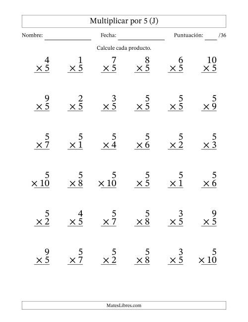 La hoja de ejercicios de Multiplicar (Factores de 1 a 10) por 5 (36 Preguntas) (J)