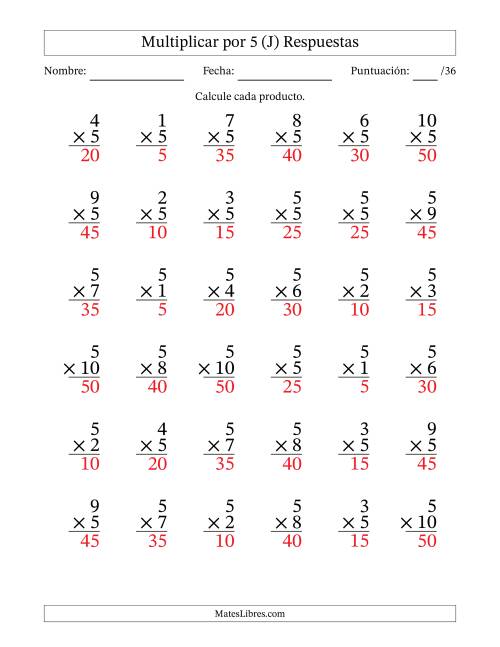 La hoja de ejercicios de Multiplicar (Factores de 1 a 10) por 5 (36 Preguntas) (J) Página 2