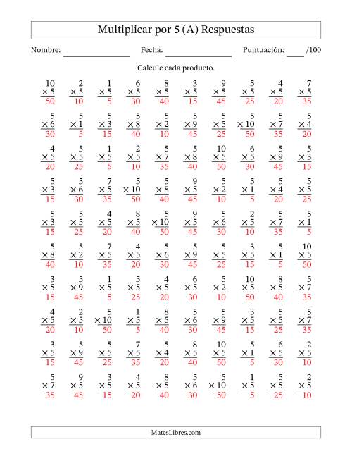 La hoja de ejercicios de Multiplicar (Factores de 1 a 10) por 5 (100 Preguntas) (Todas) Página 2