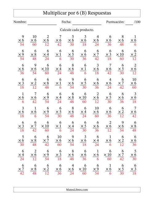 La hoja de ejercicios de Multiplicar (Factores de 1 a 10) por 6 (100 Preguntas) (B) Página 2