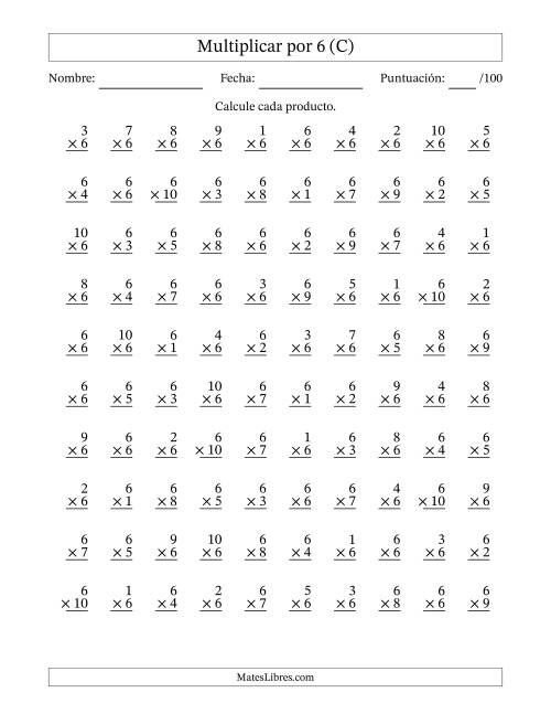 La hoja de ejercicios de Multiplicar (Factores de 1 a 10) por 6 (100 Preguntas) (C)