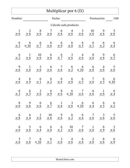 La hoja de ejercicios de Multiplicar (Factores de 1 a 10) por 6 (100 Preguntas) (D)