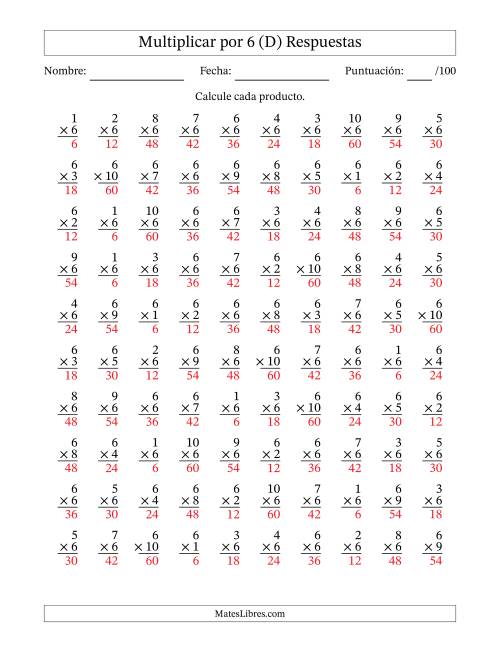 La hoja de ejercicios de Multiplicar (Factores de 1 a 10) por 6 (100 Preguntas) (D) Página 2