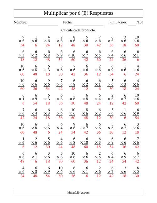 La hoja de ejercicios de Multiplicar (Factores de 1 a 10) por 6 (100 Preguntas) (E) Página 2