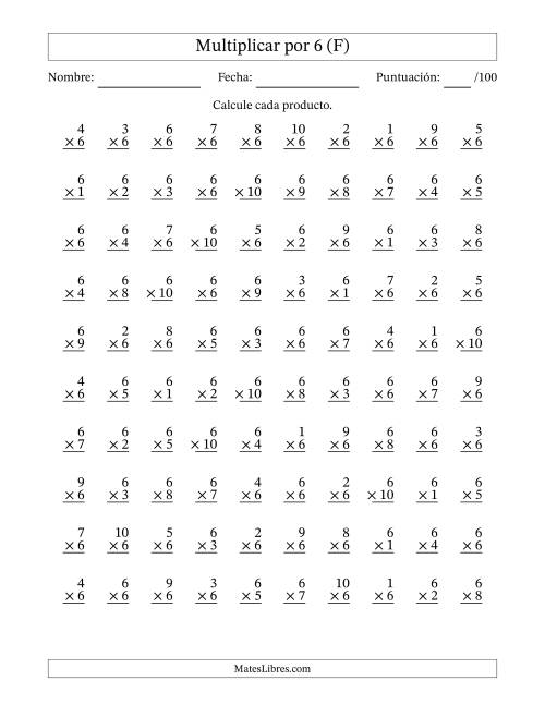 La hoja de ejercicios de Multiplicar (Factores de 1 a 10) por 6 (100 Preguntas) (F)