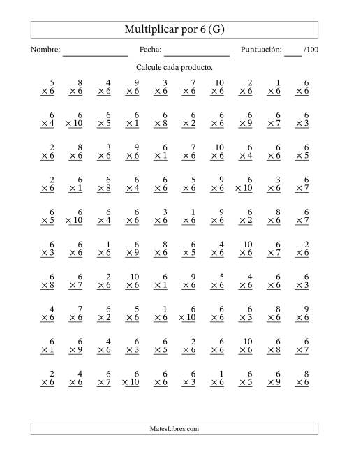 La hoja de ejercicios de Multiplicar (Factores de 1 a 10) por 6 (100 Preguntas) (G)