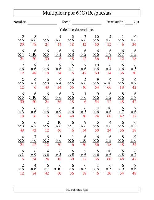 La hoja de ejercicios de Multiplicar (Factores de 1 a 10) por 6 (100 Preguntas) (G) Página 2