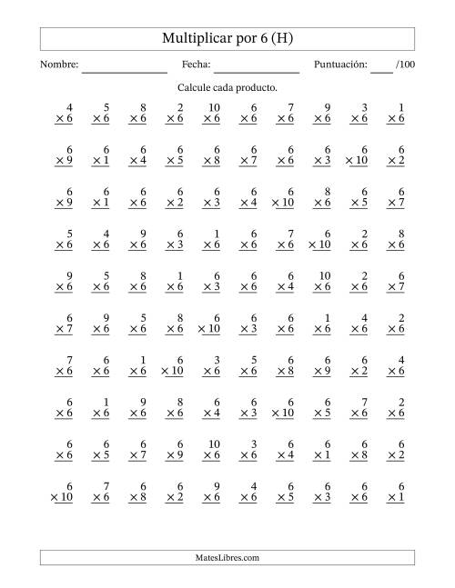 La hoja de ejercicios de Multiplicar (Factores de 1 a 10) por 6 (100 Preguntas) (H)