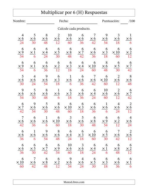 La hoja de ejercicios de Multiplicar (Factores de 1 a 10) por 6 (100 Preguntas) (H) Página 2
