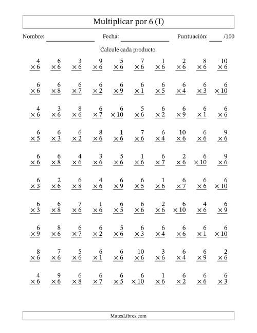 La hoja de ejercicios de Multiplicar (Factores de 1 a 10) por 6 (100 Preguntas) (I)