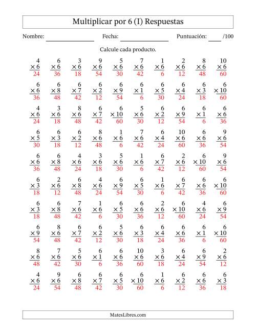 La hoja de ejercicios de Multiplicar (Factores de 1 a 10) por 6 (100 Preguntas) (I) Página 2