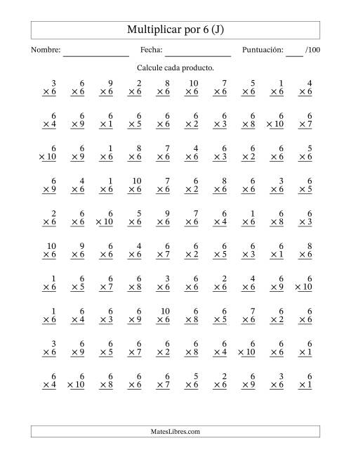 La hoja de ejercicios de Multiplicar (Factores de 1 a 10) por 6 (100 Preguntas) (J)