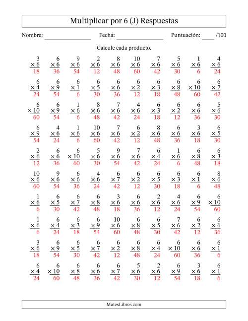 La hoja de ejercicios de Multiplicar (Factores de 1 a 10) por 6 (100 Preguntas) (J) Página 2