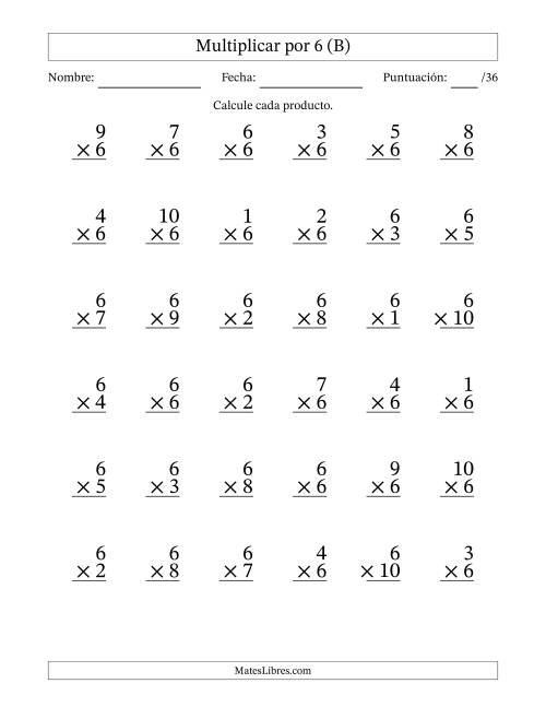 La hoja de ejercicios de Multiplicar (Factores de 1 a 10) por 6 (36 Preguntas) (B)