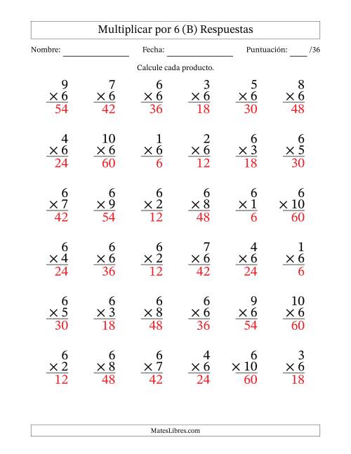 La hoja de ejercicios de Multiplicar (Factores de 1 a 10) por 6 (36 Preguntas) (B) Página 2