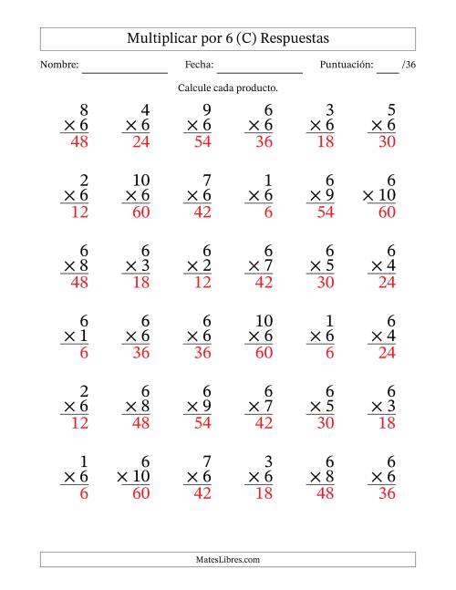 La hoja de ejercicios de Multiplicar (Factores de 1 a 10) por 6 (36 Preguntas) (C) Página 2