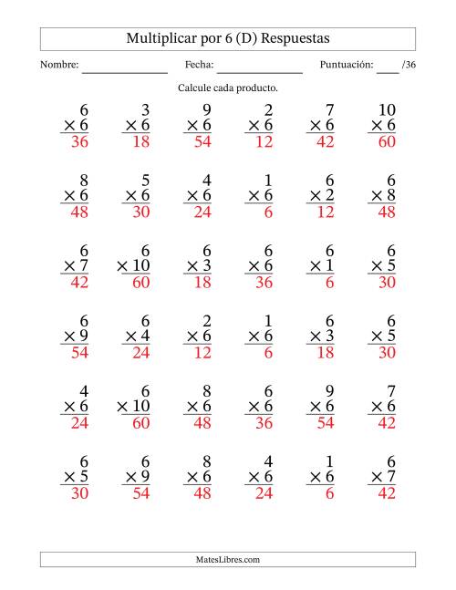 La hoja de ejercicios de Multiplicar (Factores de 1 a 10) por 6 (36 Preguntas) (D) Página 2